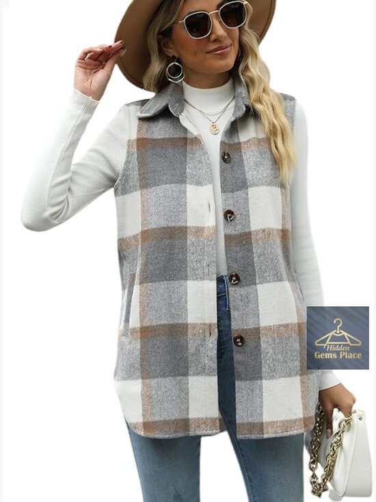 Jackets & Blazers - Women's Plaid Vest Brushed Flannel Sleeveless Shacket with Pockets